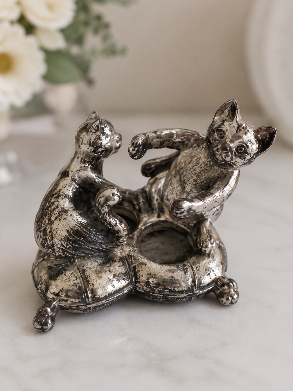 Vintage Silverplate Adorable Kitten Cat Salt Pepper Shaker Candle Holder Heavy